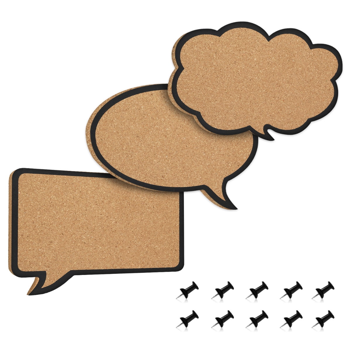 Navaris Cork Bulletin Board Set - 3x Pieces Cork Boards in Cute Decorative Speech and Thought Bubble Shapes with Push Pins for Kitchen, Home, Office