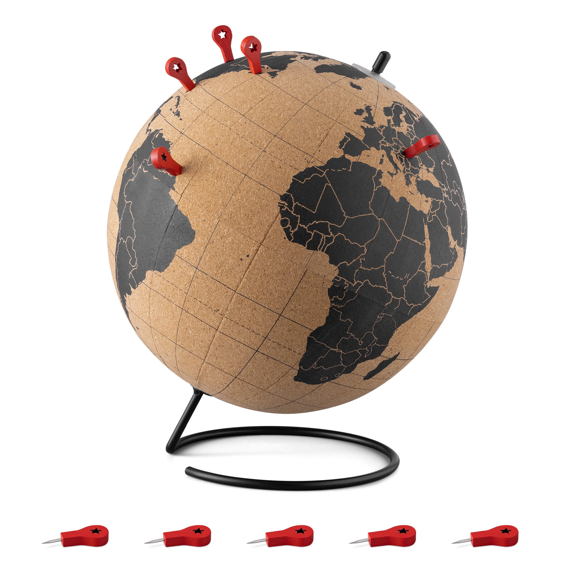 Navaris Cork Globe with Pins - 8" Globe Travel Decor World Map with Push Pin Markers - Includes 10 Wood Location Marker Pushpins - Size M, Black Print