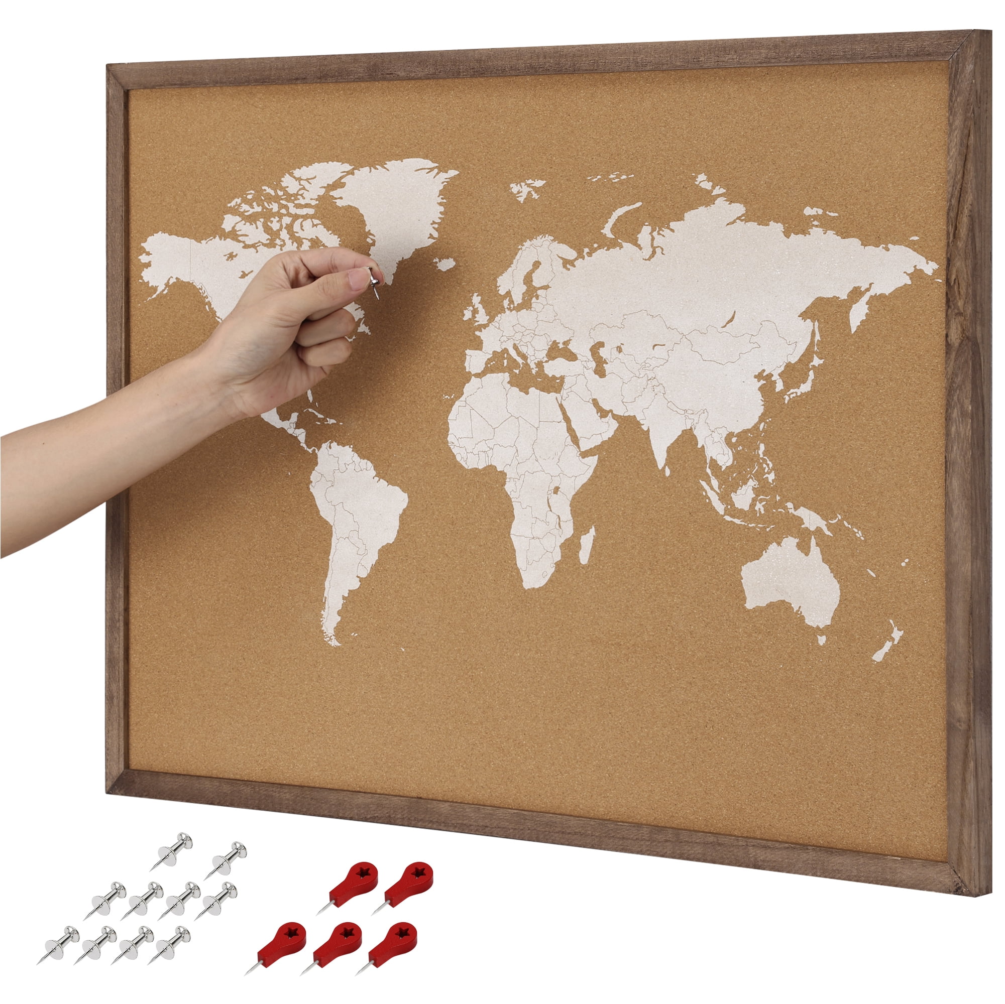 Navaris Cork World Map Pinboard Wood Frame - Robust Designed Cork Board World Map - Push Pin Map of the World with Pins Included - Travel Map on Bulletin Board Corkboard