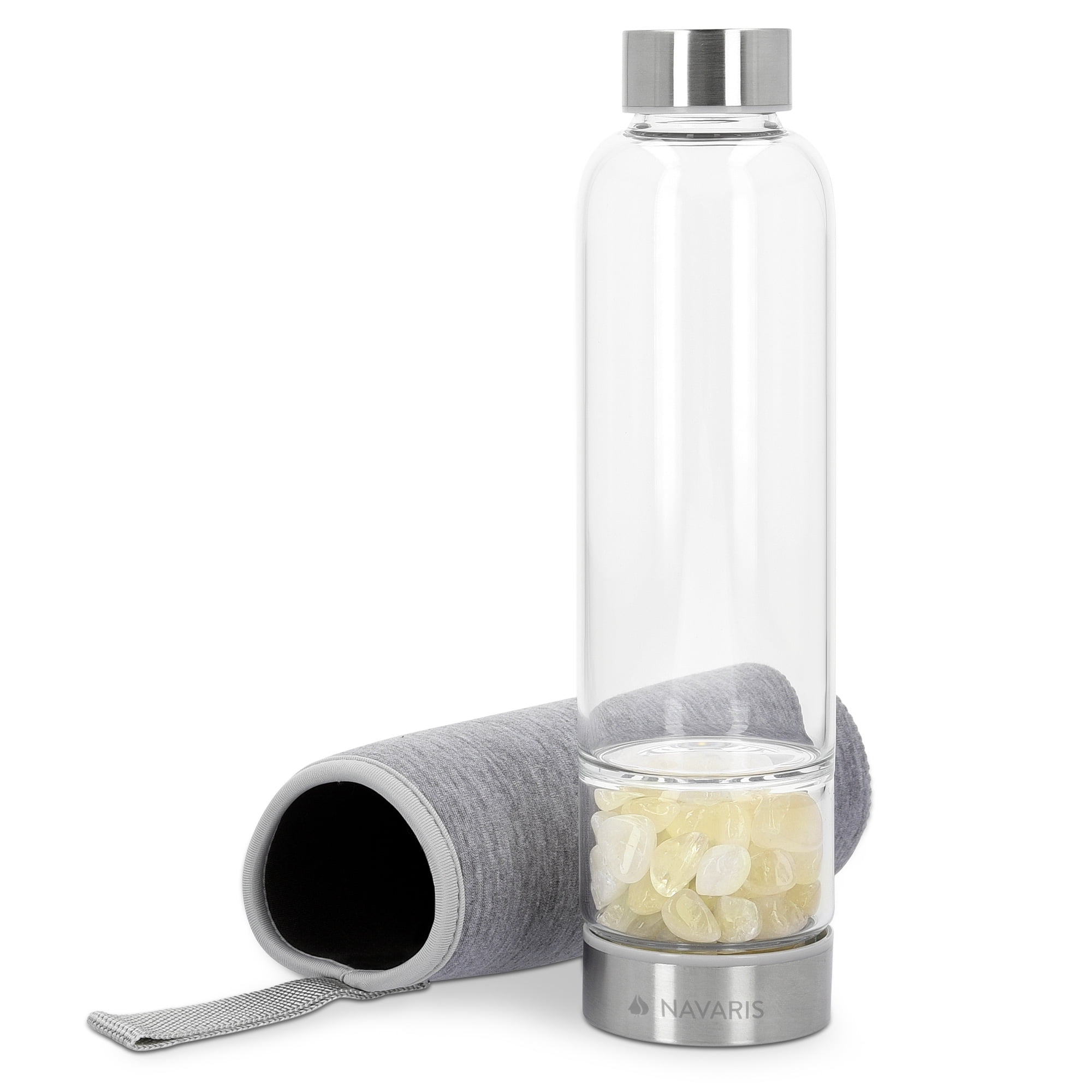 Clear Glass Water Bottle with Citrine Stones and Neoprene Sleeve