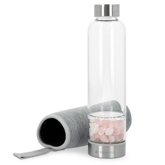 Navaris Crystal Water Bottle - 14oz Glass Gemstone Drink Bottle with Loose Natural Gem Stones - Available with Rose Quartz, Obsidian, or Amethyst