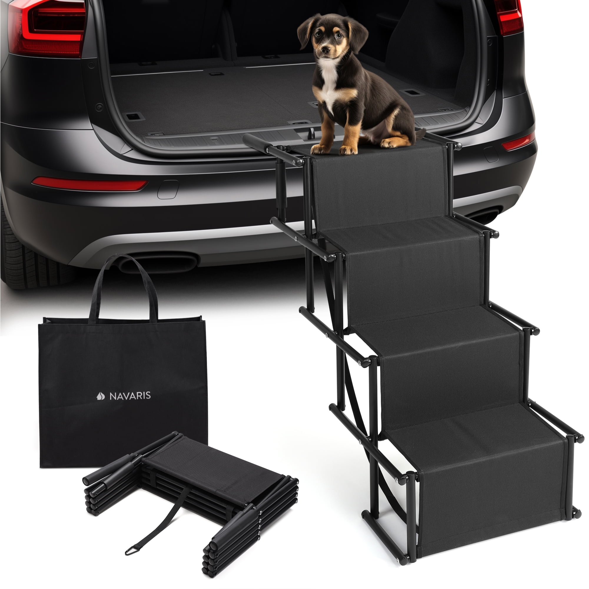 Navaris Dog Car Ramp - Folding Dogs 4 Step Ramp - Give your Dog a Boost With Steps for Car - Stairs Come With Carry Bag