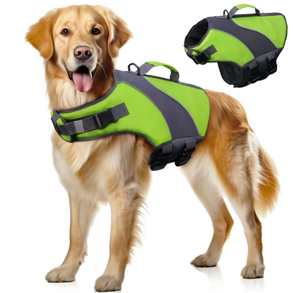 Navaris Dog Swimming Life Jacket - Comfortable and Easy-to-Use Doggy Swim Vest - Adjustable Float Jacket Size for Perfect Fit - Bright Green Colour for Visibility - For Large Dogs