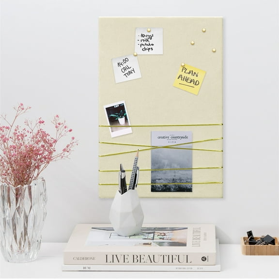 Navaris Fabric Memo Bulletin Board - 12" x 17" Velvet Memory Board for Wall to Display Photo Collages, Pictures, Notes - Includes 6 Push Pins - Beige