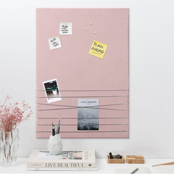 Navaris Fabric Memo Bulletin Board - 12" x 17" Velvet Memory Board for Wall to Display Photo Collages, Pictures, Notes - Includes 6 Push Pins - Pink