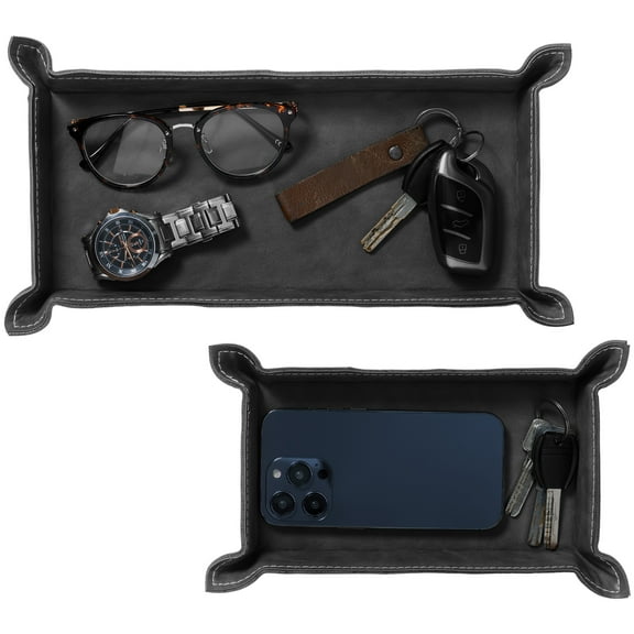 Navaris Faux Leather Valet Tray Set of 2 - Catch all Tray for Key Entryway Table Nightstand - Catchall for Keys Watch Remote Phone - Valet Storage for Men - Mens Storage Dish