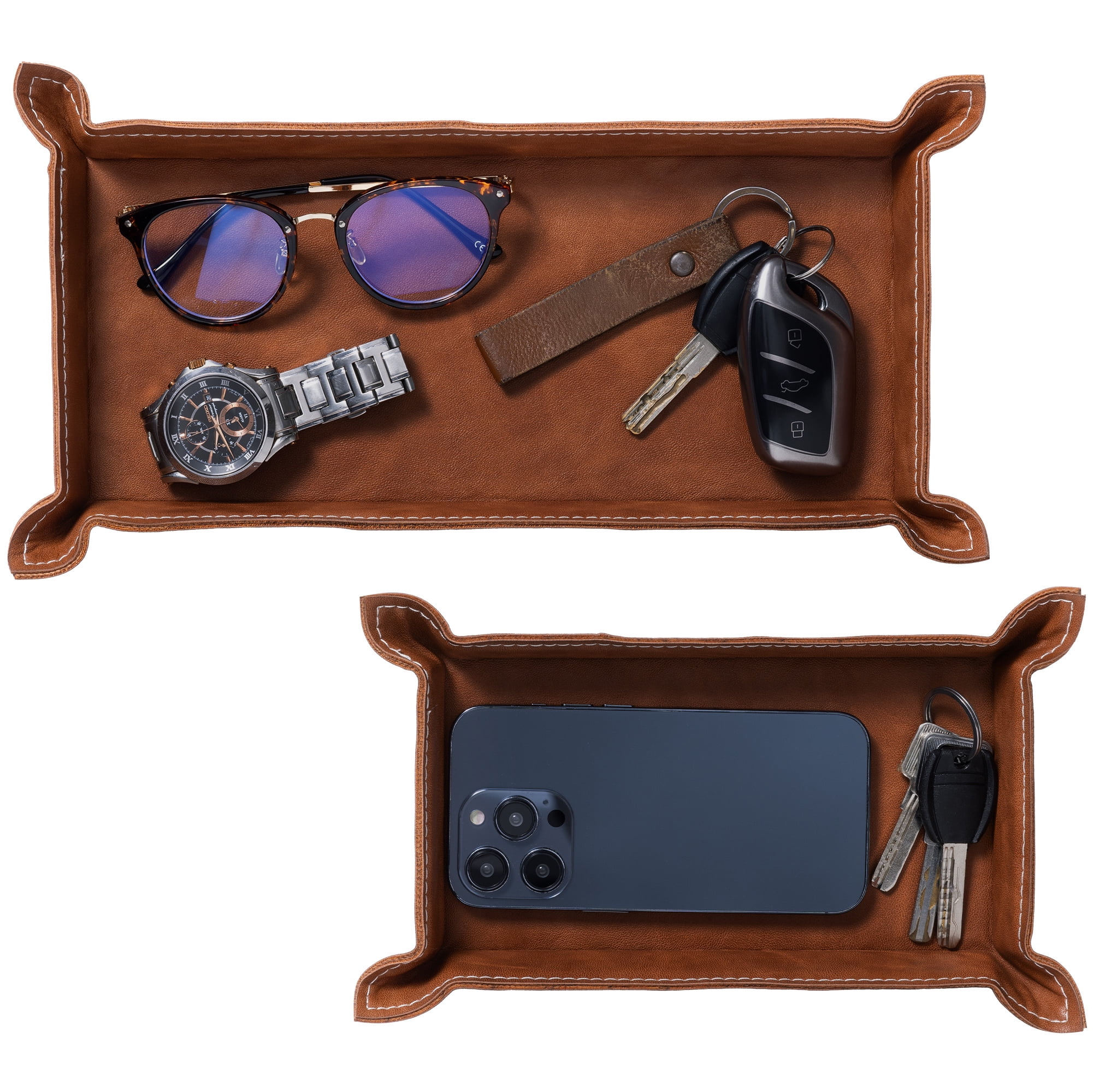 Brown Faux Leather Valet Tray Set for Men
