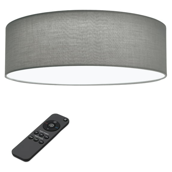 Navaris Flush Mount Ceiling Light - 12.6" Diameter Drum Lamp Shade LED Fixture with Remote Control - Bedroom Living Room - Light Gray
