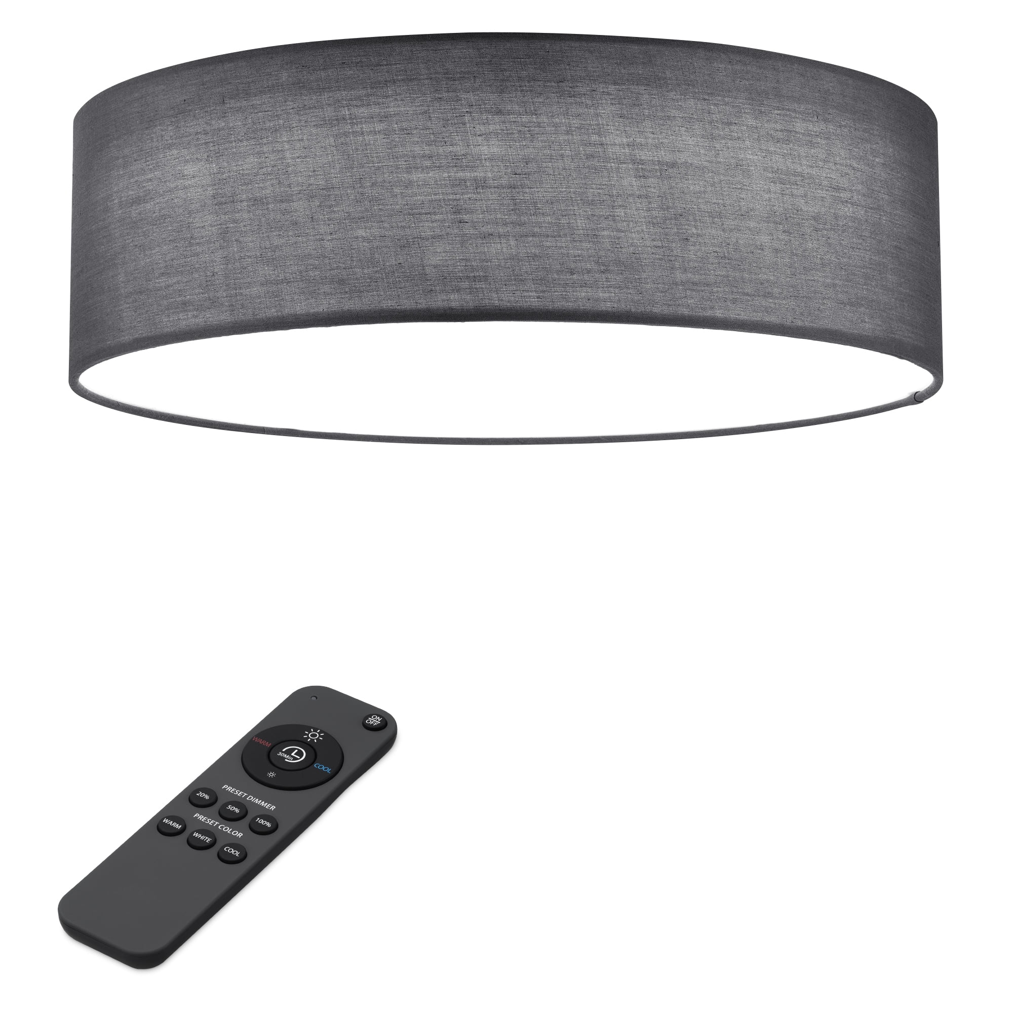 15.75" Dark Gray Fabric Drum LED Ceiling Light with Remote Control