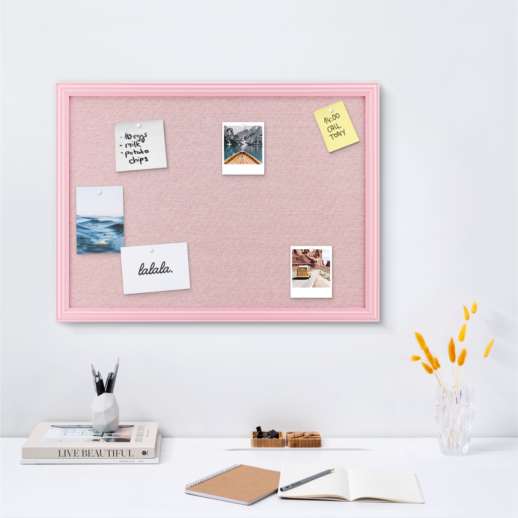 Pink Linen Framed Bulletin Board Organizer