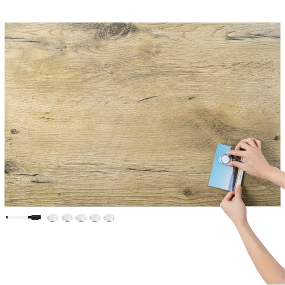 Navaris Frameless Magnetic Memo Board - Easy Installation - Kitchen Magnet Dry Erase Whiteboard - Notice Boards for Wall Use - 36 x 24 Inches - Dark Wood Design with Magnets & Pen