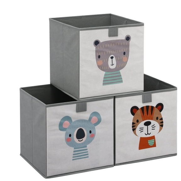 Navaris Kids Storage Cubes (Set of 3) - Storage Boxes 11x11x11" with Animal Designs - Children's Cube Bins Fabric Organizer Bin - Beige Animals