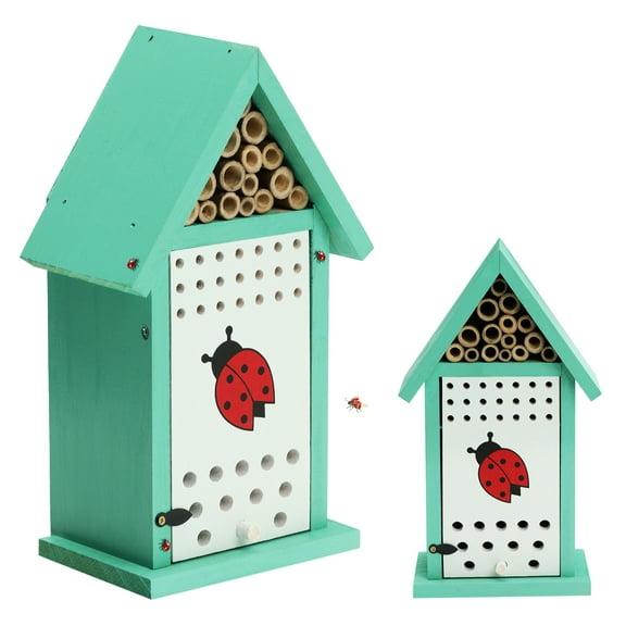 Navaris Ladybird House for Garden - Wooden Insect Hotel for Ladybirds Bees Insects - Wall Mounted Live Ladybug Habitat with Cleaning Door and Bee Nesting Tubes