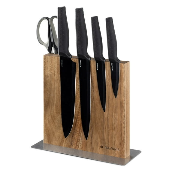 Navaris Magnetic Wooden Knife Block - Kitchen Storage with Strong Magnets for Knives & Utensils - Simple Modern Utensil Holder in Acacia Wood - 8.9" x 8.7"
