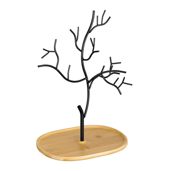 Navaris Metal Jewelry Tree Stand - Organizer Hanger Display Holder with Bamboo Dish Base to Store Necklaces, Bracelets, Rings, Accessories - Large