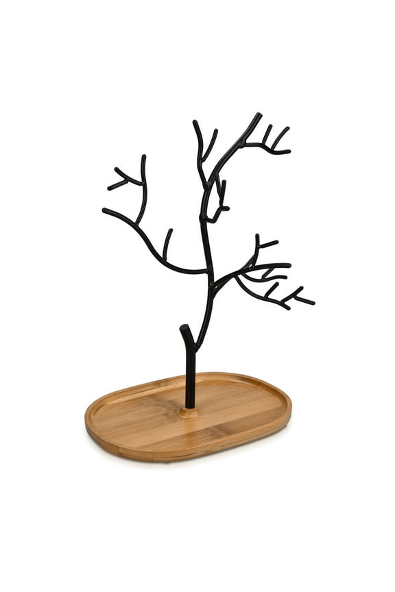 Metal Jewelry Tree Stand - Organizer Hanger Display Holder with Bamboo Dish Base to Store Necklaces, Bracelets, Rings, Accessories
