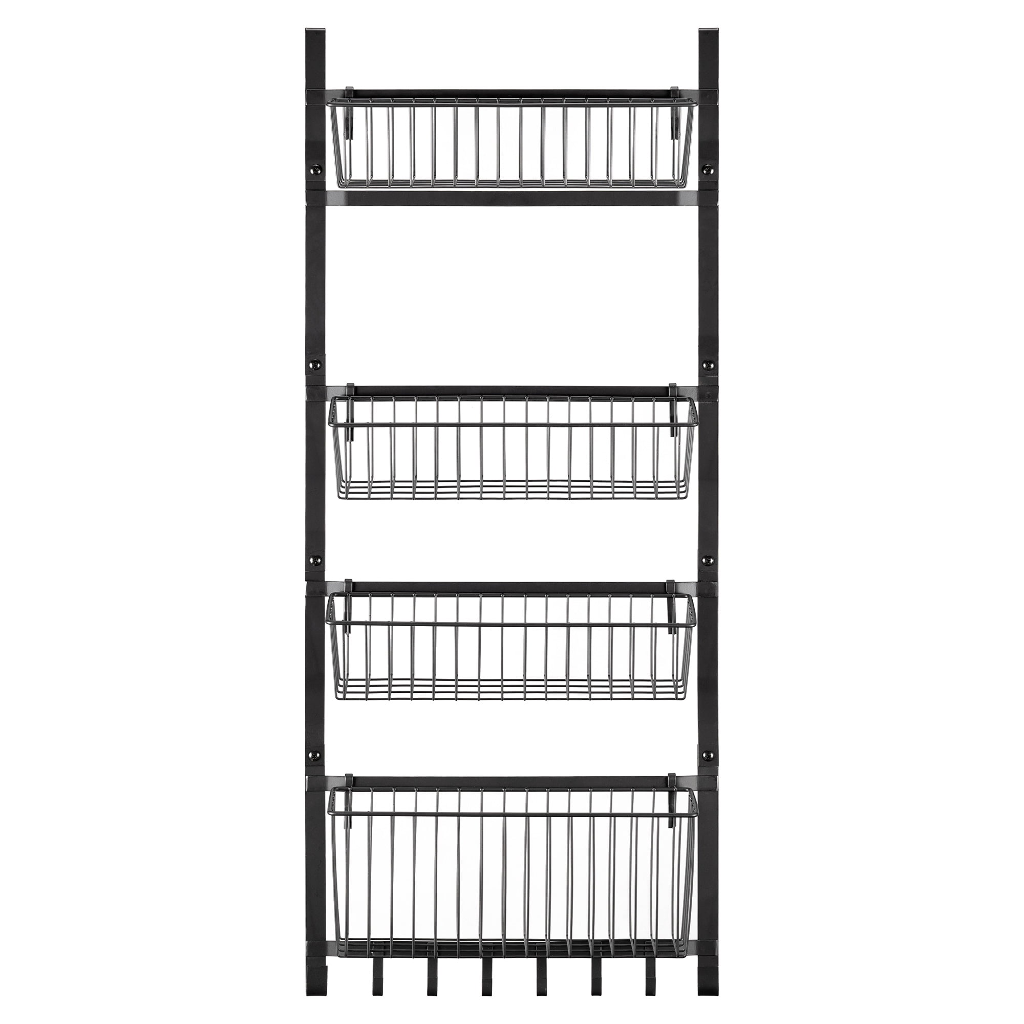 Navaris Over the Door Pantry Organizer - Hanging Spice Rack for Pantry Door - 4 Basket Shelves and Hooks - Wire Metal Kitchen Storage Organization
