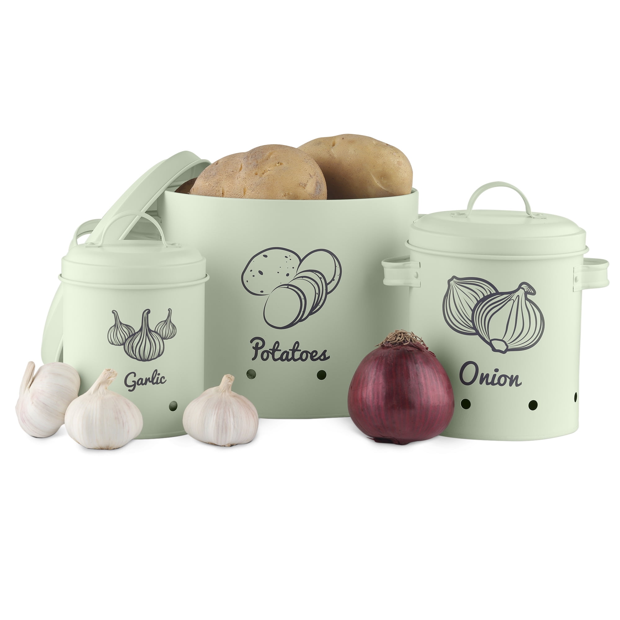 Navaris Potato Onion Garlic Storage Canisters (Set of 3) Keeper Canister Tin Containers for