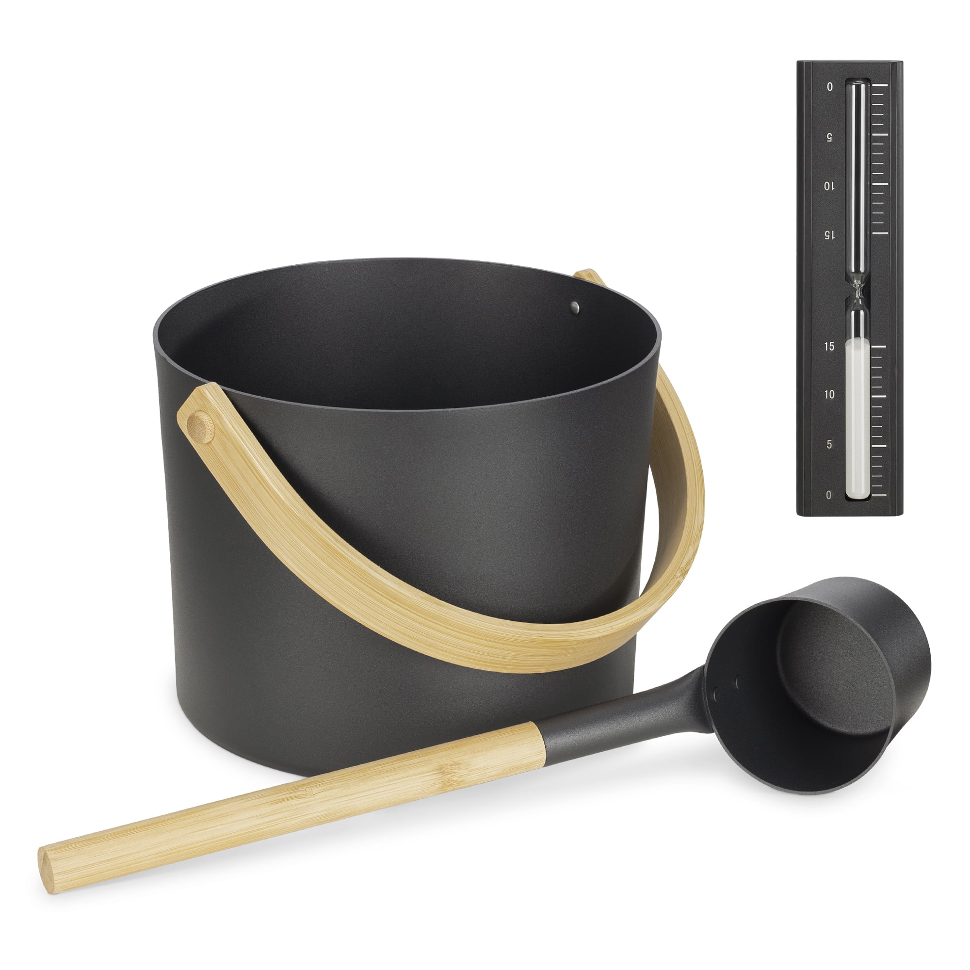 Navaris Sauna Accessory Kit - Aluminum Bucket, Ladle, Sand Timer - Set of 3 Accessories for Steam Room - Metal Construction