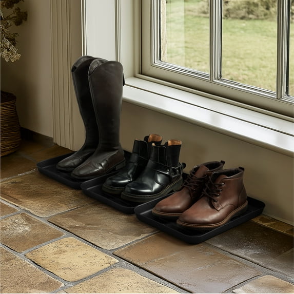 Navaris Set of 3 Shoe Drip Trays - Multi-Purpose Boot Tray for Rain Boots, Winter Boots, Sneakers. Suitable for Indoor and Outdoor Use in All Seasons. Color: Black.