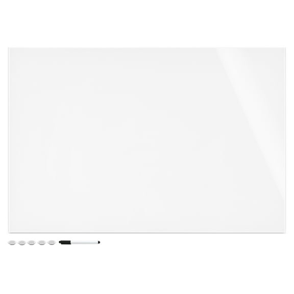 Navaris White Glass Board for Wall - 16" x 24" Frameless Magnetic White Board for Home, Office, Kitchen, School, Learning - Includes 5 Magnets, Marker