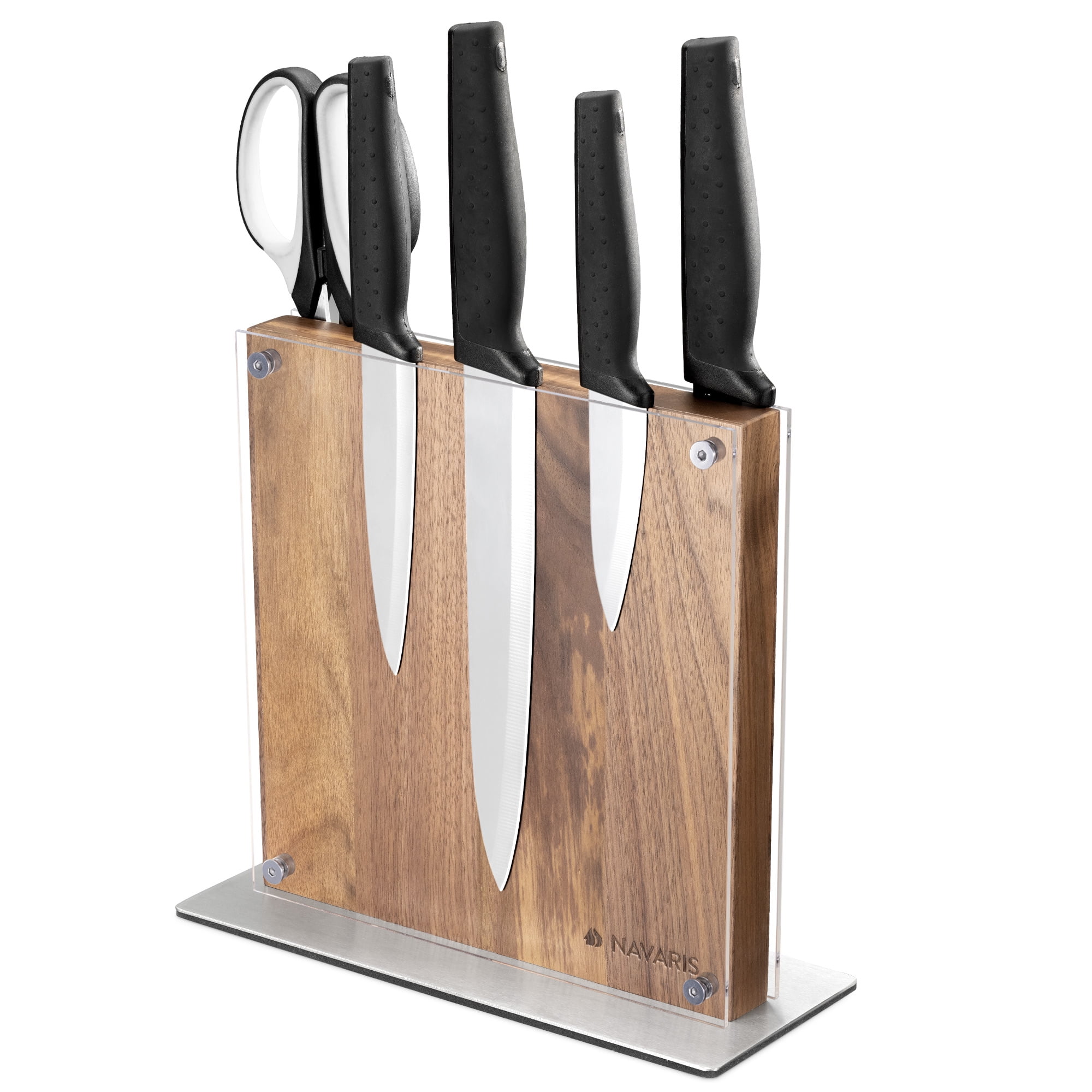 Navaris Wood Magnetic Knife Block - Double Sided Wooden Magnet Holder Board Stand for Kitchen Knives Utensils w/ Acrylic Guard - Acacia, 8.8" x 8.7"