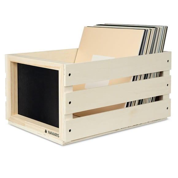 Navaris Wood Record Crate - Vinyl Album Storage Holder Box Wooden Case with Chalkboard Sign Board - Holds up to 80 LP Records - Natural