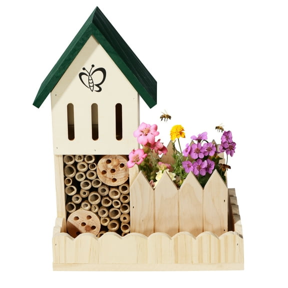 Navaris Wooden Insect Hotel with Planter Box - 8.7 x 5.9 x 11.4 Inches (22 x 15 x 29 Centimeters) - Wood House Nesting Habitat for Bees, Butterflies, Ladybugs