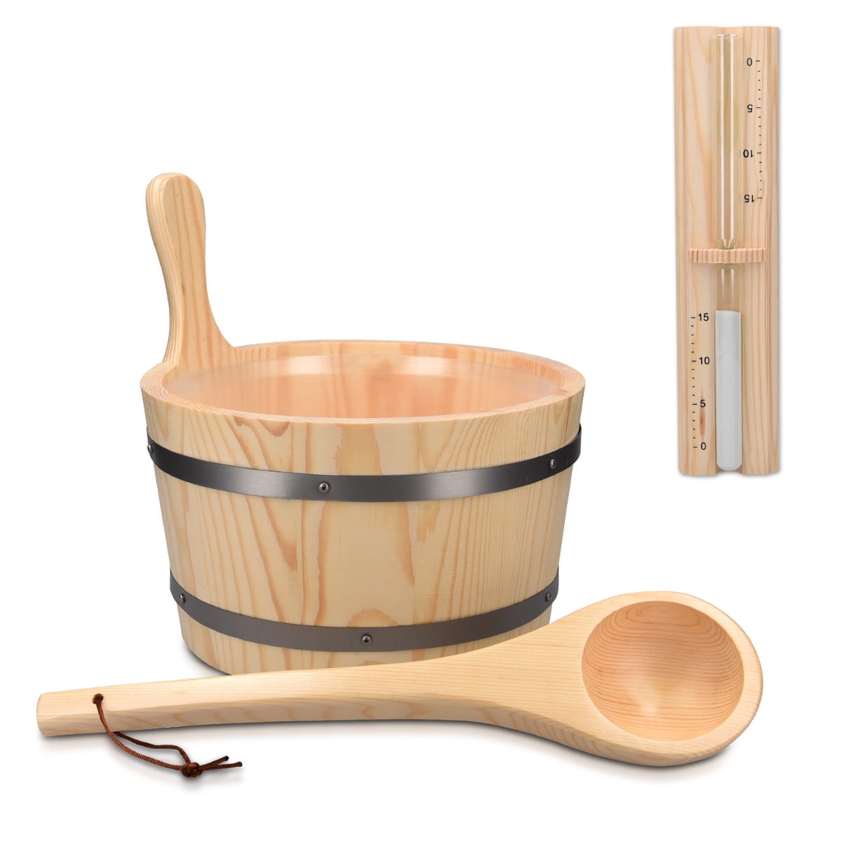 Light Brown Pine Wood Sauna Bucket with Ladle and Timer