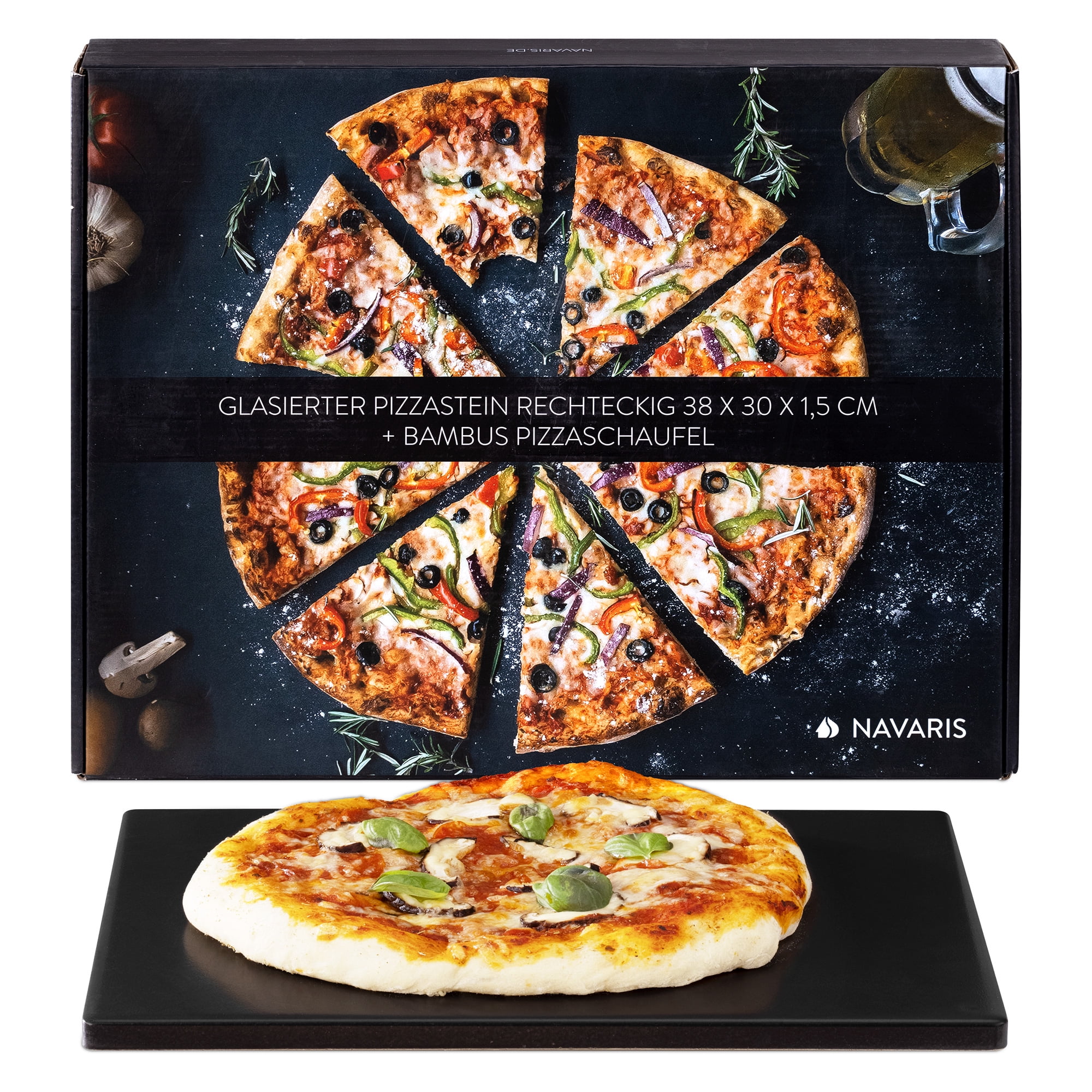Navaris XL Black Glazed Cordierite Pizza Stone for Baking