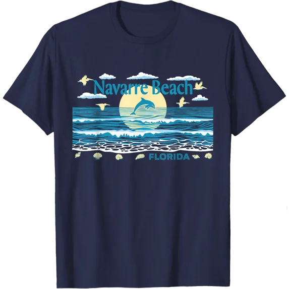 Navarre Beach Fl Dolphin Pelican Waves Beach Vacation T-Shirt