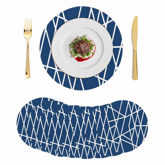Nave Blue Geometric Round 13 Inch Placemats Set of 8, Abstract Stripes Modern Minimalist HeatResistant Non Slip Place Mats for Dining Table, Wipeable Braided Kitchen Table Mats for Housewarming