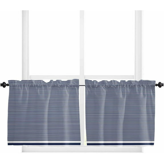 Nave Blue Stripes Window Tier Curtains 24 Inch Length, Modern Art Rustic Blue Striped Rod Pocket Window Treatment Kitchen Drapes for Bedroom, Cafe, Living Room, 2 Panels, 27.5 W x 24 L