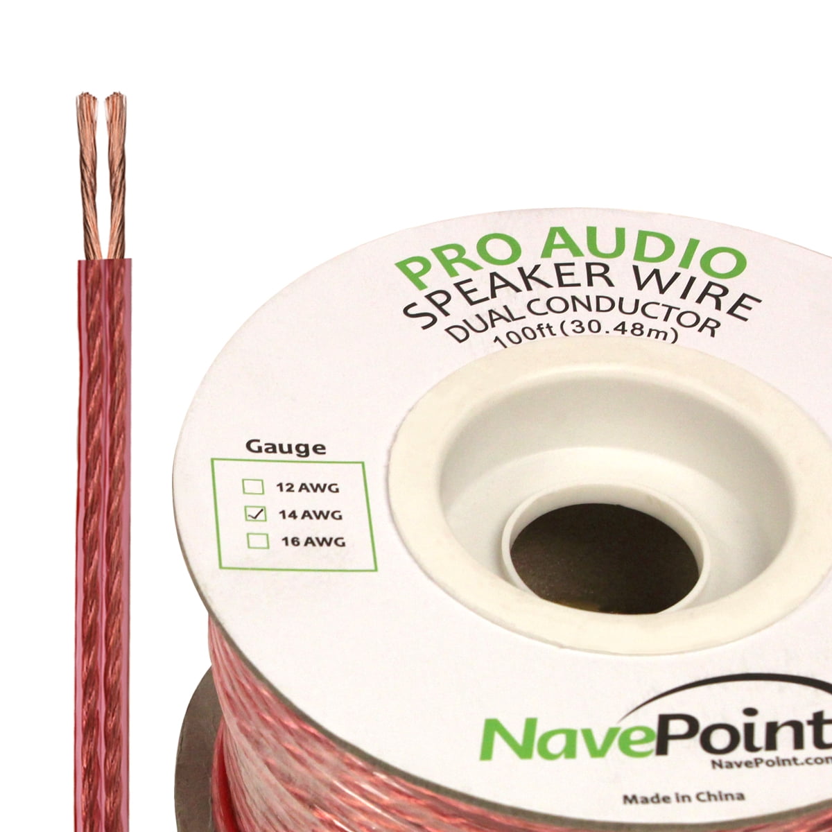 NavePoint 100ft In Wall Audio Speaker Cable Wire CL2 14/2 AWG Gauge 2 Conductor Bulk Clear