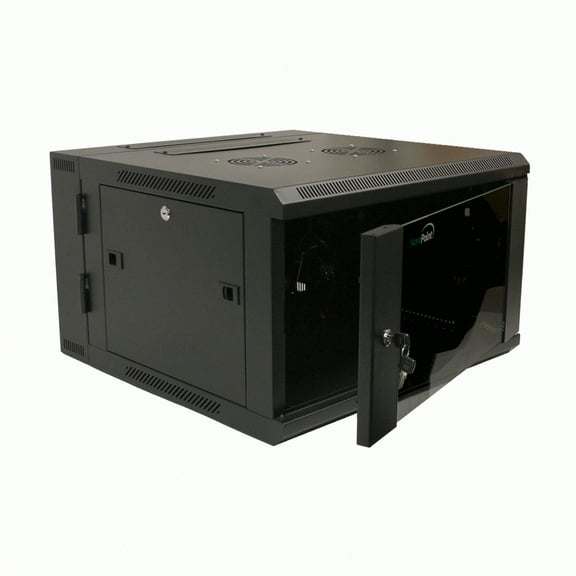 NavePoint 6U Server Cabinet with Hinged Back - 23.6 Deep, 6U Server Rack Enclosure with Locking Glass Door, Wall Mount Rack with Removable Side Panels, 6U Network Cabinet with 2 Fans, Pre-Assembled