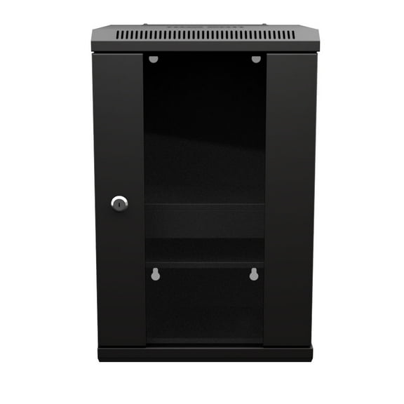 NavePoint 9U 10 Inch Network Server Cabinet, 11.8 inch Deep, Glass Door, Black, Wall Mountable, 2 x Shelves, 1 x Blank Panel