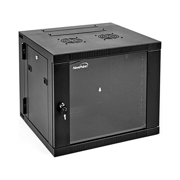 NavePoint 9U Server Cabinet with Hinged Back - 21.6 Deep, 9U Server Rack Enclosure with Locking Glass Door, Wall Mount Rack with Removable Side Panels, 9U Network Cabinet with 2 Fans, Pre-Assembled
