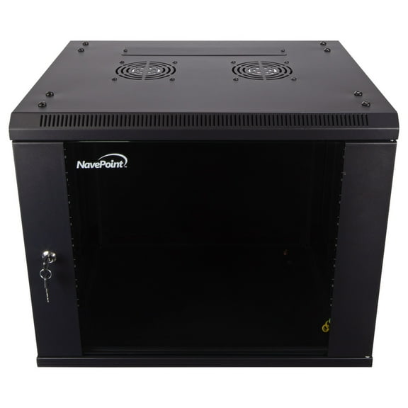 NavePoint 9U Server Cabinet Wall Mount Rack Enclosure Includes 2 Fans, Locking Glass Door, Removable Side Panels  9U Network Cabinet 17.7 Deep, 19 Inch Server Rack for IT and A/V Equipment