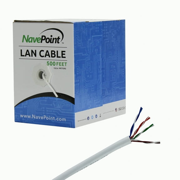 NavePoint CAT5e (CCA), 500ft, White, Solid Bulk Ethernet Cable, 24AWG 4 Pair, Unshielded Twisted Pair (UTP)