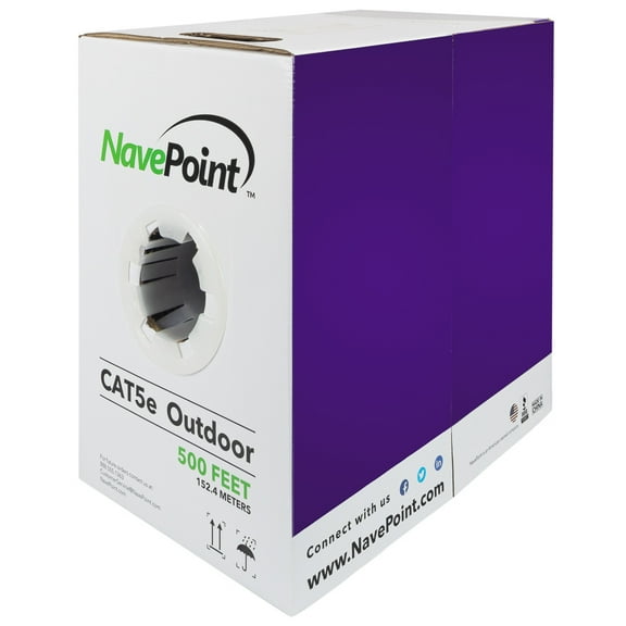 NavePoint CAT5e Outdoor Direct Burial Rated, 500ft, Solid Conductor, Black, Bulk Ethernet Cable, 24AWG 4 Pair, Unshielded Twisted Pair (UTP)