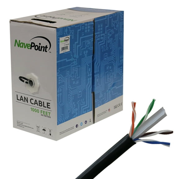 NavePoint Cat6 Riser (CMR), 1000ft, Black, Solid Bare Copper Bulk Ethernet Cable, 550MHz, 23AWG 4 Pair, Unshielded Twisted Pair (UTP)
