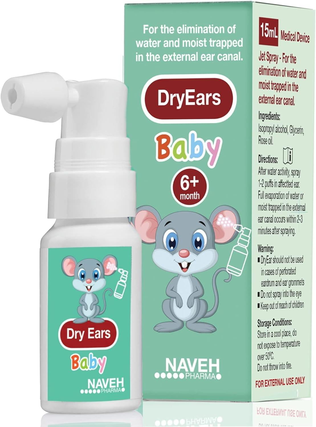 Naveh Pharma DryEars Baby Kids Ear Swimmers Ear Drops for Ear Infections, Ear Drying Spray, User-Friendly Spray Applicator, Fast Acting, 50 Doses, 0.5 FL OZ.
