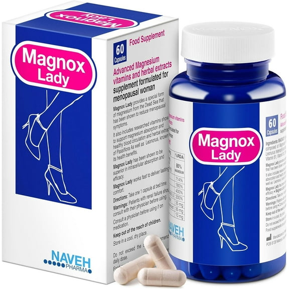 Naveh Pharma Magnox Lady with Vitamin D, B6 and Magnesium Supplements, PMS Relief for Women, Menopause Supplements, Bio-Active and Natural, Non-Hormonal, 60 CT.