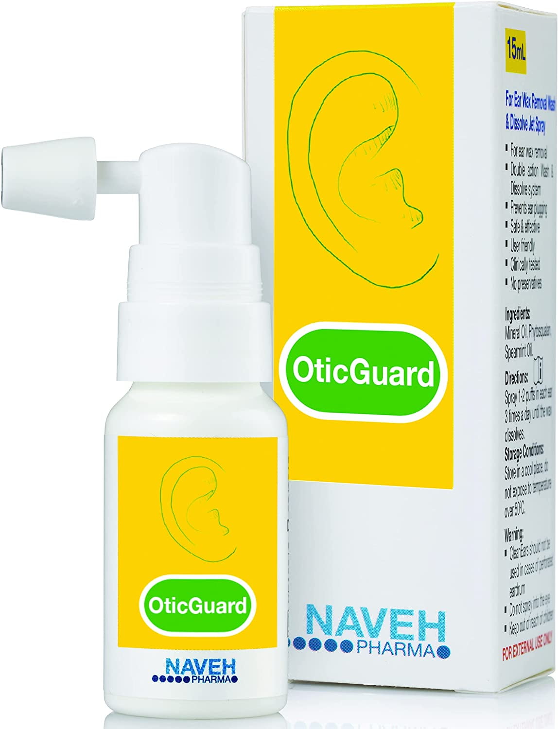 Naveh Pharma Otic Guard 3-In-1 Ear Wax Removal Kit, Ear Cleaner, Ear Pain Relief Spray, All-Natural Herbal Oils and Ingredients, Easy-to-use Bottle, 0.5 Fl OZ.