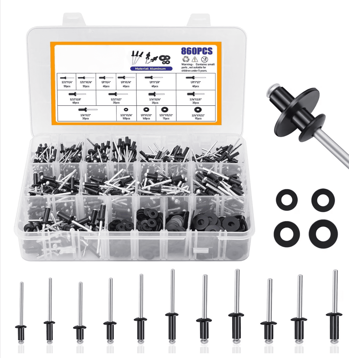 Navellon 860pcs Pop Rivet Assortment Kit, Black Aluminum Rivets 3/32