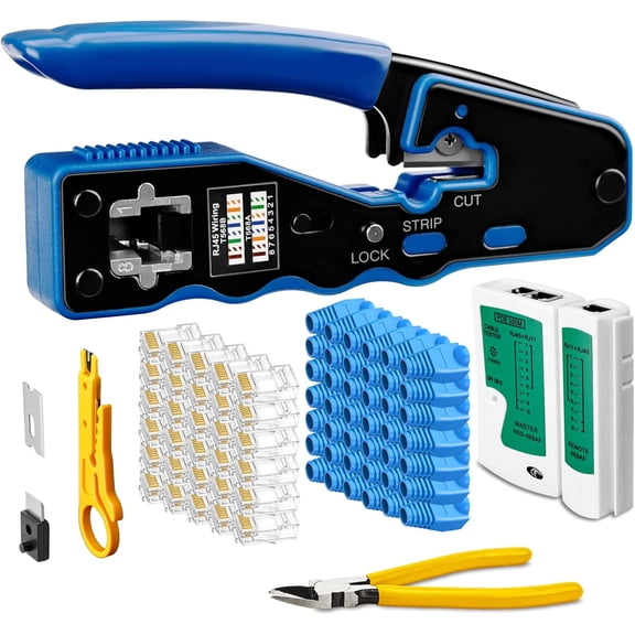 Navellon RJ45 Crimp Tool Kit Ethernet Crimper for Cat5 Cat5e Cat6 RJ45 Connectors Includes 50PCS Cat6 Pass Through Plugs Strain Relief Boots Wire Stripper Cutter Network Cable Tester