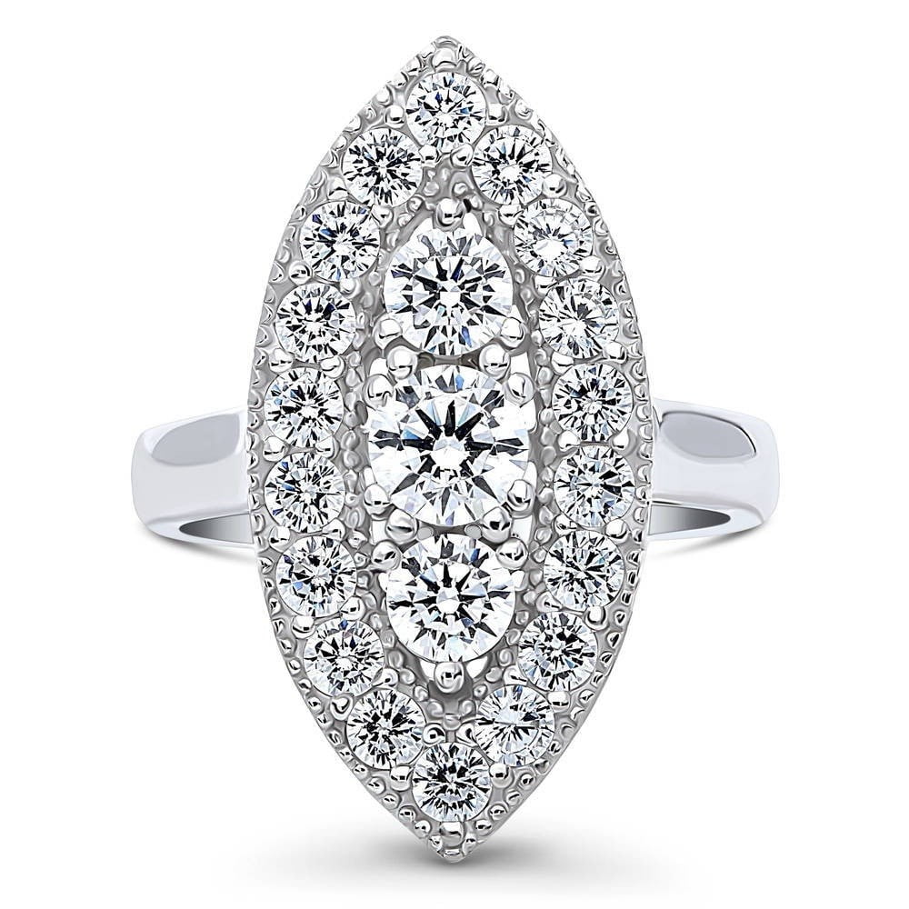 Navette Three Stone Diamond Engagement Ring, Halo Diamond Wedding Ring ...
