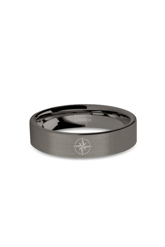 Navigation Compass Logo Engraved Brushed Gunmetal Tungsten Ring, 6mm, Size 11