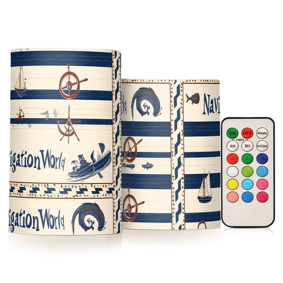 Navigation Ship Blue Rudder Flickering Flameless Candles Battery Operated with Remote Timer LED Pillar Candles Set of 2