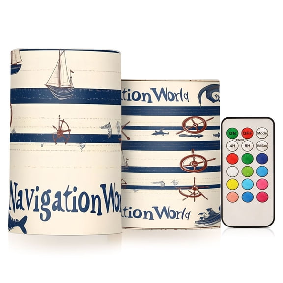 Navigation Ship Blue Rudder Flickering Flameless Candles Battery Operated with Remote Timer LED Pillar Candles Set of 2